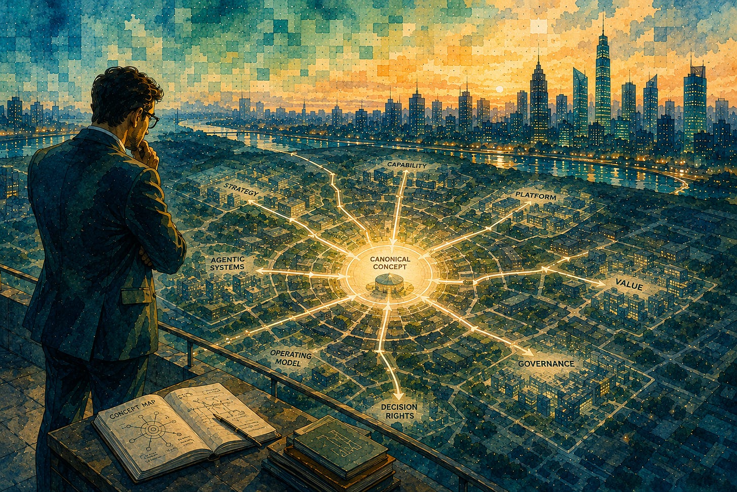 Editorial illustration of a strategist viewing a city designed as a knowledge architecture, with interconnected concept districts converging on one central canonical hub, representing governance, information architecture, and a single source of truth.