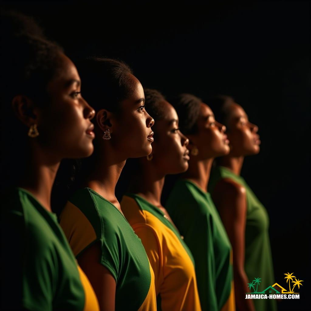 Close-up cinematic film still of beautiful Jamaican mothers throughout history, lined up in a row, wearing clothing inspired by the Jamaican flag. Struck against a dramatic, atmospheric black background. Shot on a v-raptor XL with 35mm film, showcasing rich film grain, subtle vignette, and expert color grading with post-processed cinematic lighting. A masterpiece that conveys epic quality and stunning visual artistry.