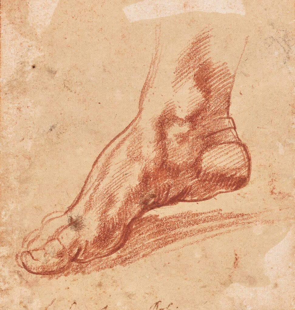 Red chalk drawing of what Christie’s says is Michelangelo’s study for the right foot of the Sibyl in the ceiling of the Sistine Chapel. It will sell the work, estimated at $1.5 million to $2 million, at its auction of old master drawings in February.