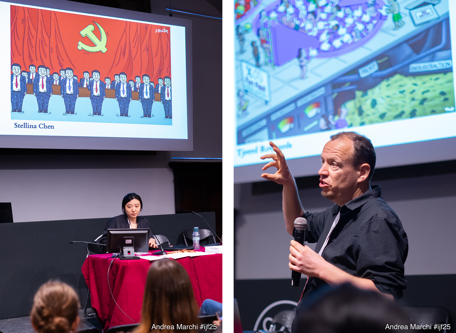 Cartoonists Stellina Chen and Tjeerd Royaards giving a workshop.