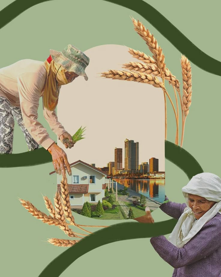 This may contain: two women in front of a collage of buildings and wheat