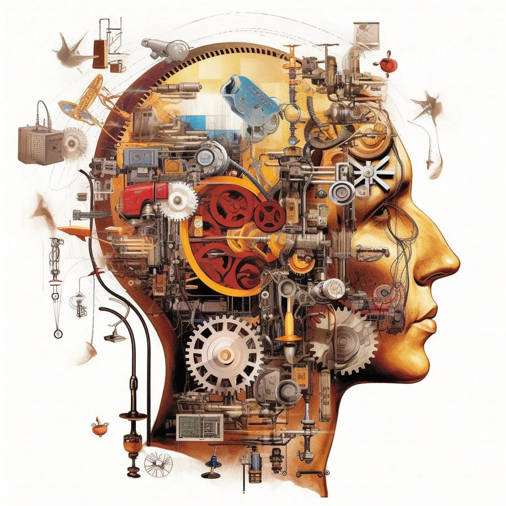 A head, viewed in profile, with the brain area filled with gears and gadgets representing intellectual property that is housed inside the mind of a researcher