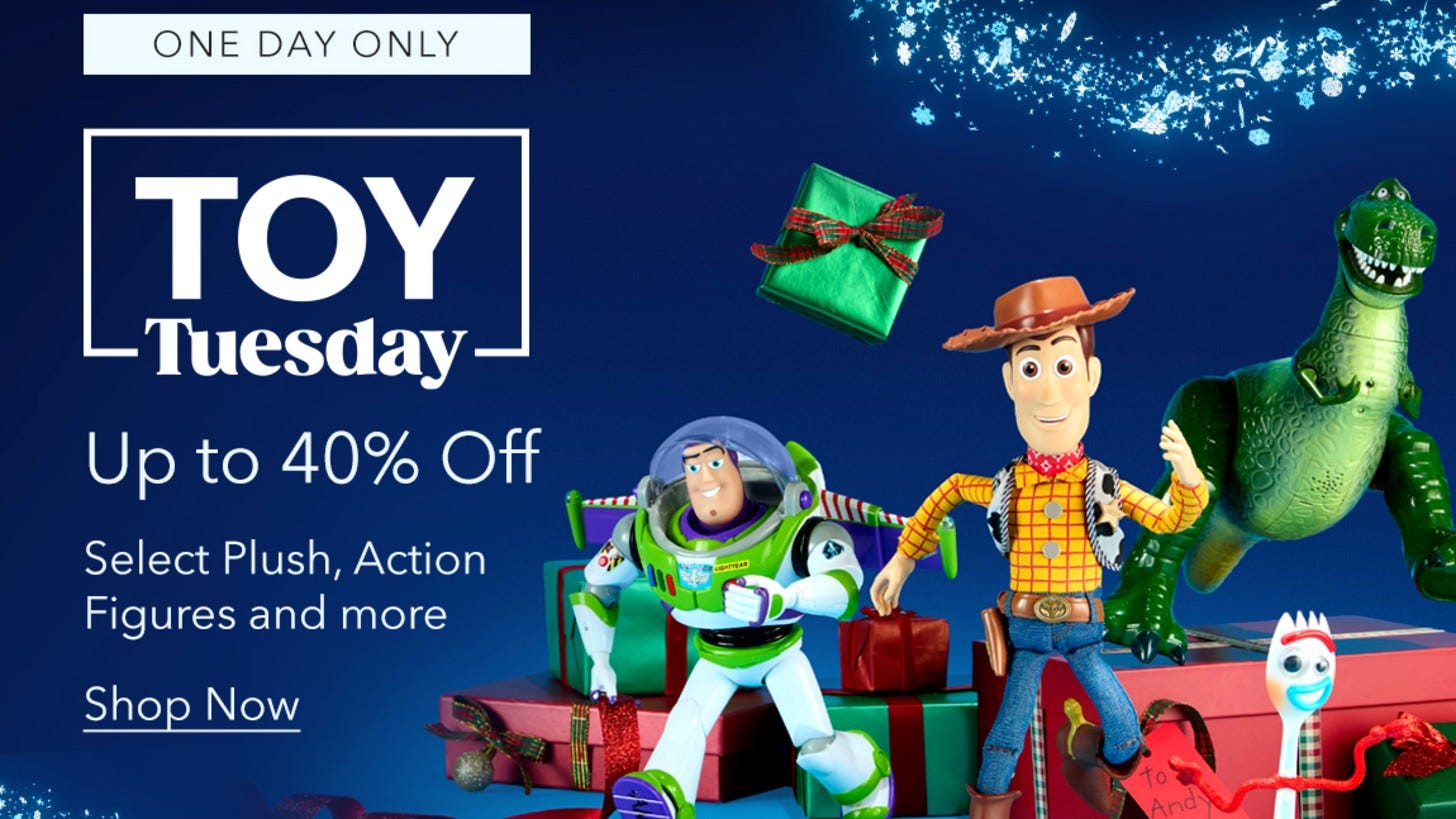 Disney Store's Toy Tuesday banner with Woody, Buzz Lightyear, Rex and Forky from Toy Story. Image: Disney Store