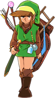 Original Link, a brunette with a green tunic and hat, brown boots, and brown sleeves. He's carrying camping equipment and weapons on his back.