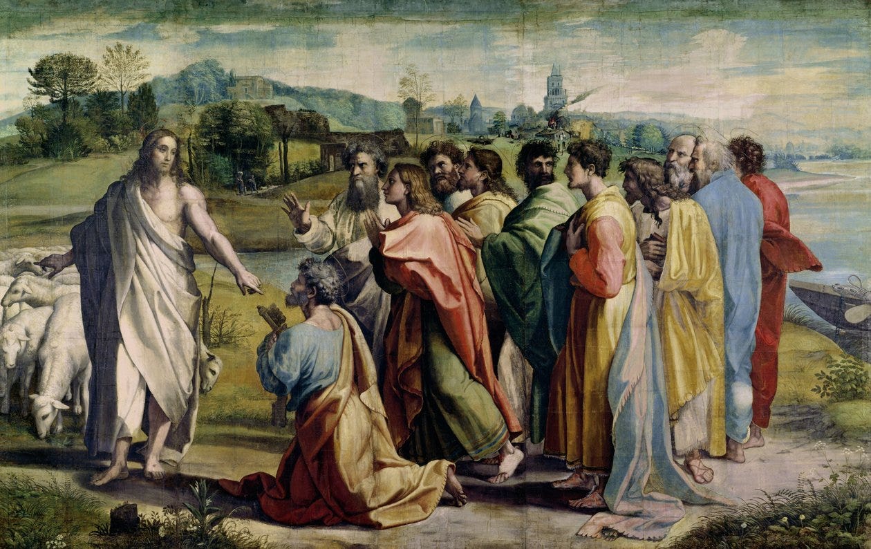 Christi Auftrag an den heiligen Petrus (Karton für die Sixtinische Kapelle) (vor der Restaurierung) von Raffaello Sanzio Raphael