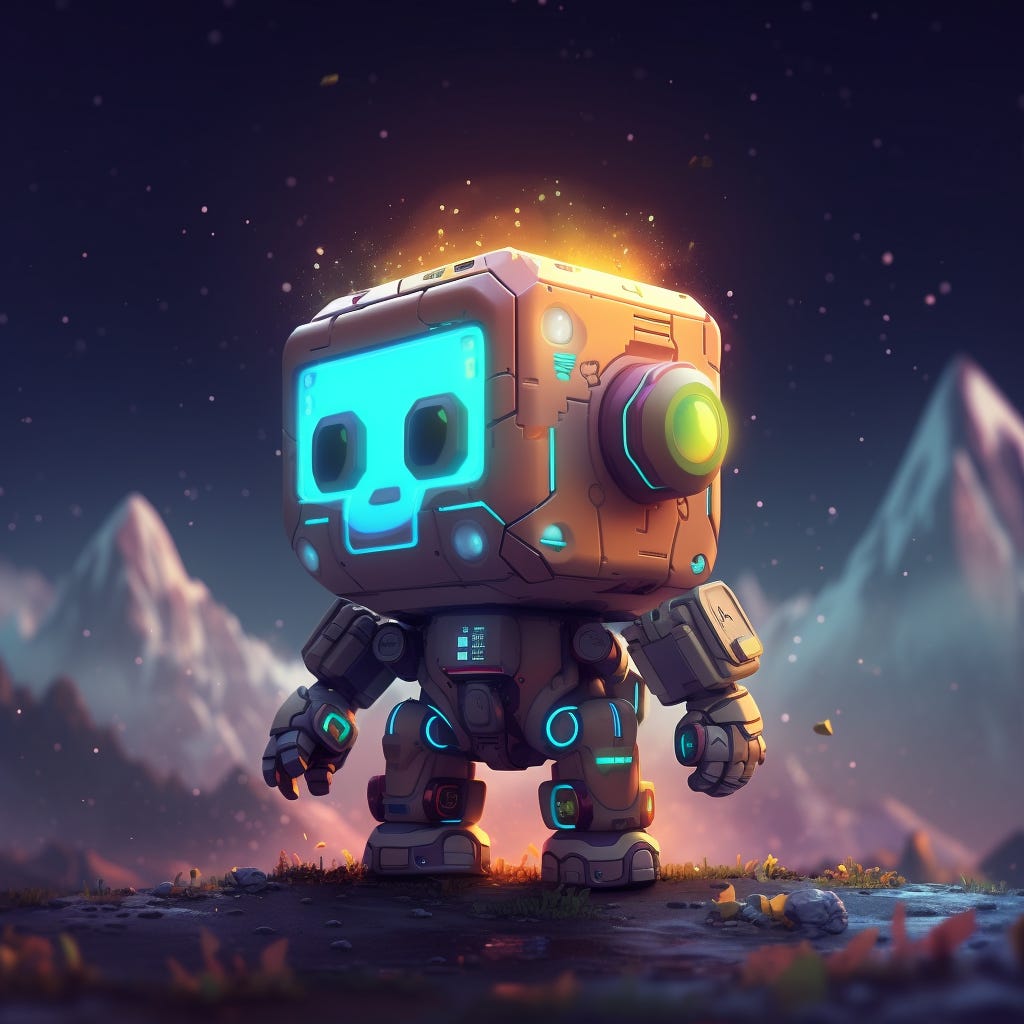 aurora themed mech cute cubie on an alien planet