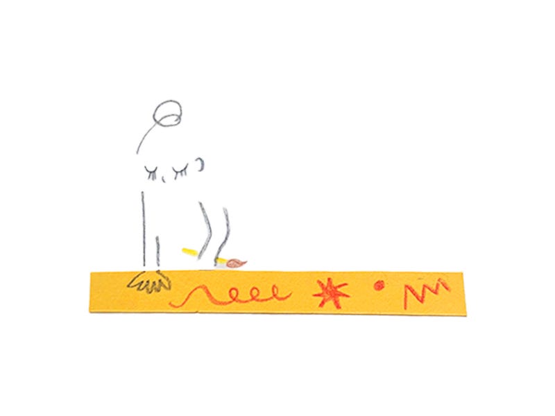 An illustration of a person with a bun painting marks on the floor, which is made out of yellow paper.