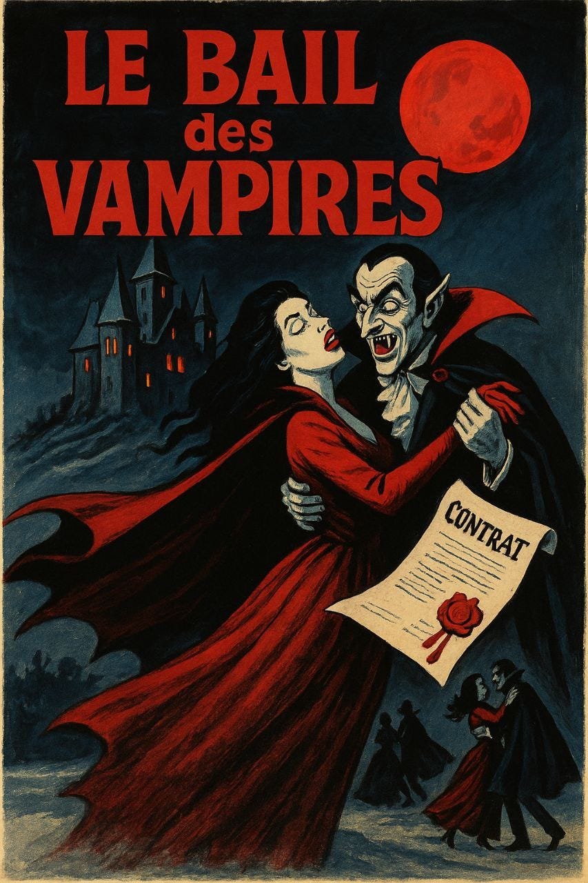 Poster-style illustration showing a vampire looming over financial towers. The French title Le bail des vampires plays on Polanski’s film Le Bal des vampires, replacing bal (“ball”) with bail (“lease”) to evoke century-long debt contracts. Poster-style illustration showing a vampire looming over financial towers. The French title Le bail des vampires plays on Polanski’s film Le Bal des vampires, replacing bal (“ball”) with bail (“lease”) to evoke century-long debt contracts.