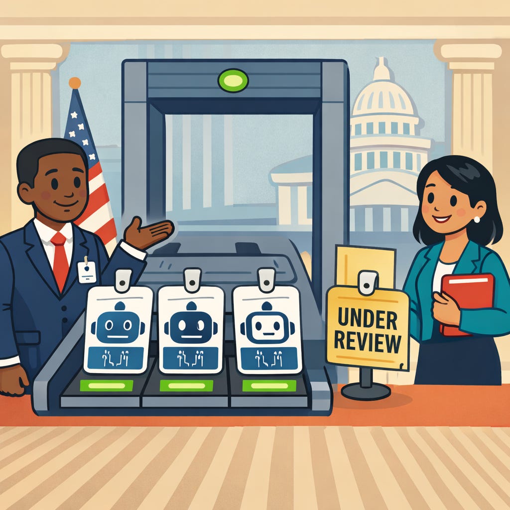 A cartoon illustration of three AI chatbot badges passing a Senate security checkpoint while one badge marked 'Under Review' is stopped. A cartoon illustration of three AI chatbot badges passing a Senate security checkpoint while one badge marked 'Under Review' is stopped.