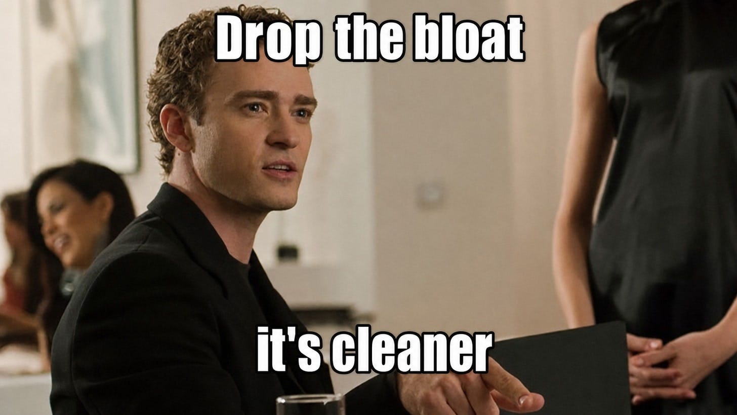 The Social Network meme captioned “Drop the bloat” and “it's cleaner”.