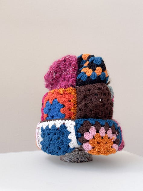 Blue and fuchsia granny crochet patchwork beanie 