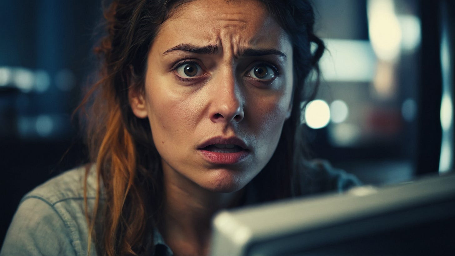 Uma mulher parece preocupada ou assustada enquanto olha para a tela de um computador, com expressão de surpresa e olhos bem abertos.