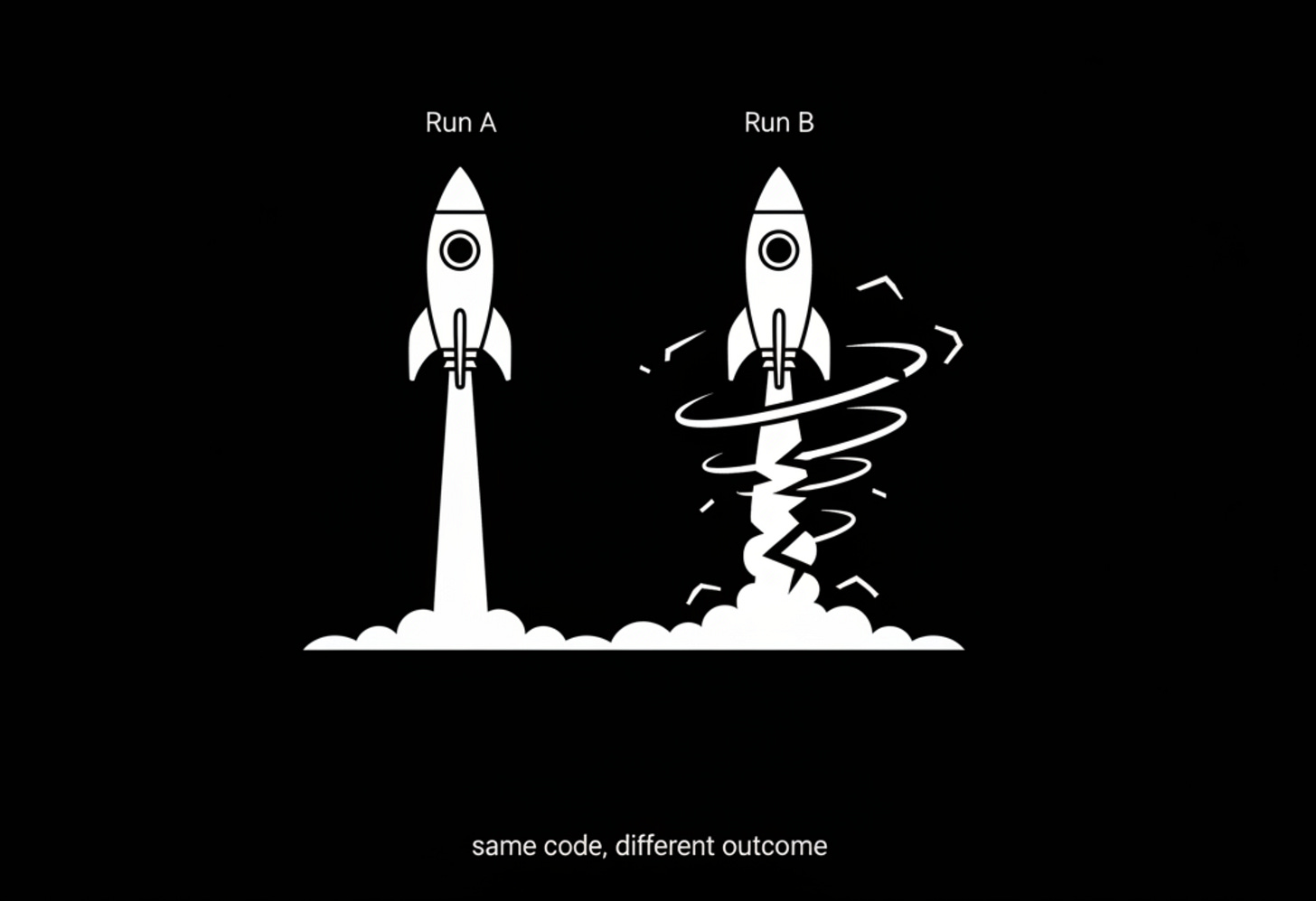 Two identical training runs shown as rockets: one stable, one spiraling, representing BF16 convergence that sometimes fails unpredictably. Two identical training runs shown as rockets: one stable, one spiraling, representing BF16 convergence that sometimes fails unpredictably.