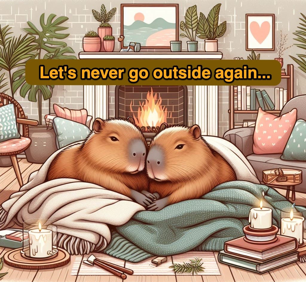 two AI-generated capybaras cuddle up under blankets by a fireplace with candles and books in the foreground