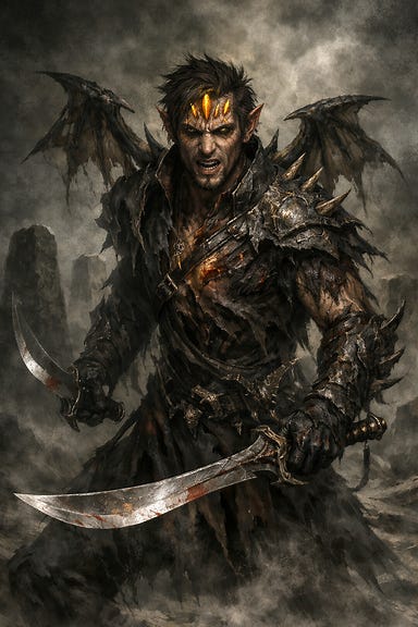 Rahadin partially transformed, smaller wings, spine spikes, amber shards in brow, still recognizable and wielding scimitars