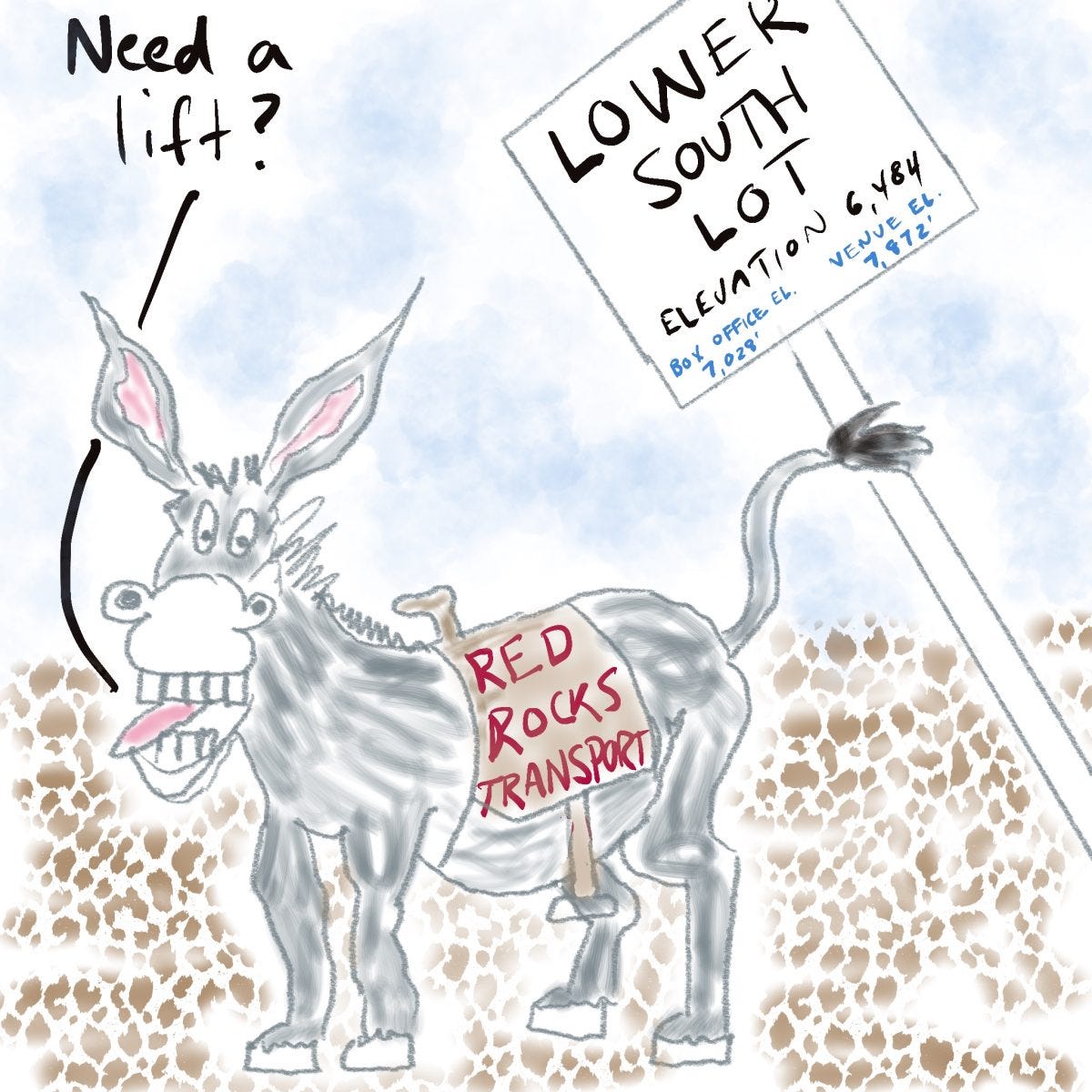 A cartoon drawing of a burro offering rides from the lower parking lot, to the box office, to the venue for an elevation gain of 1,400 feet