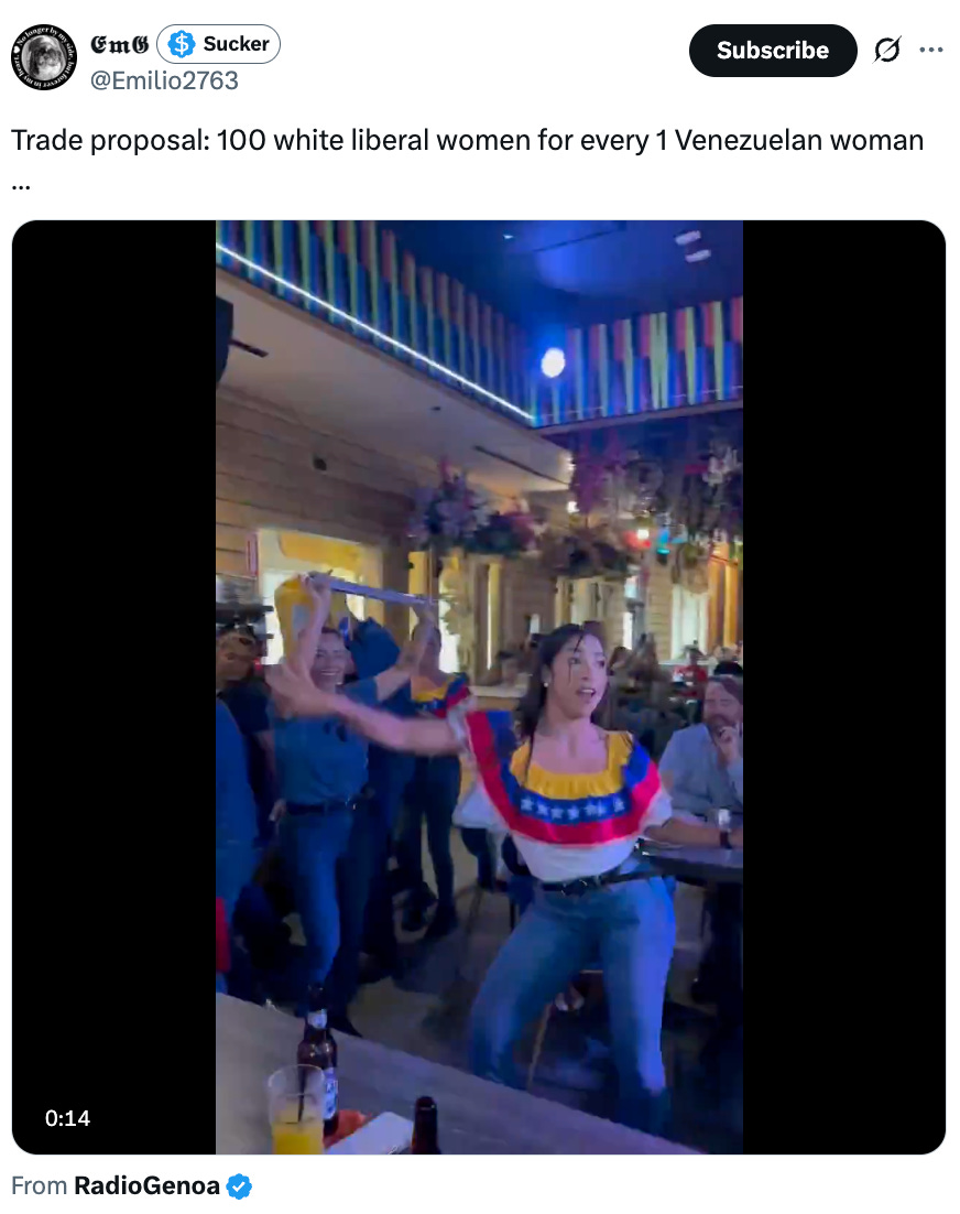 Trade proposal: 100 white liberal women for every 1 Venezuelan woman Trade proposal: 100 white liberal women for every 1 Venezuelan woman