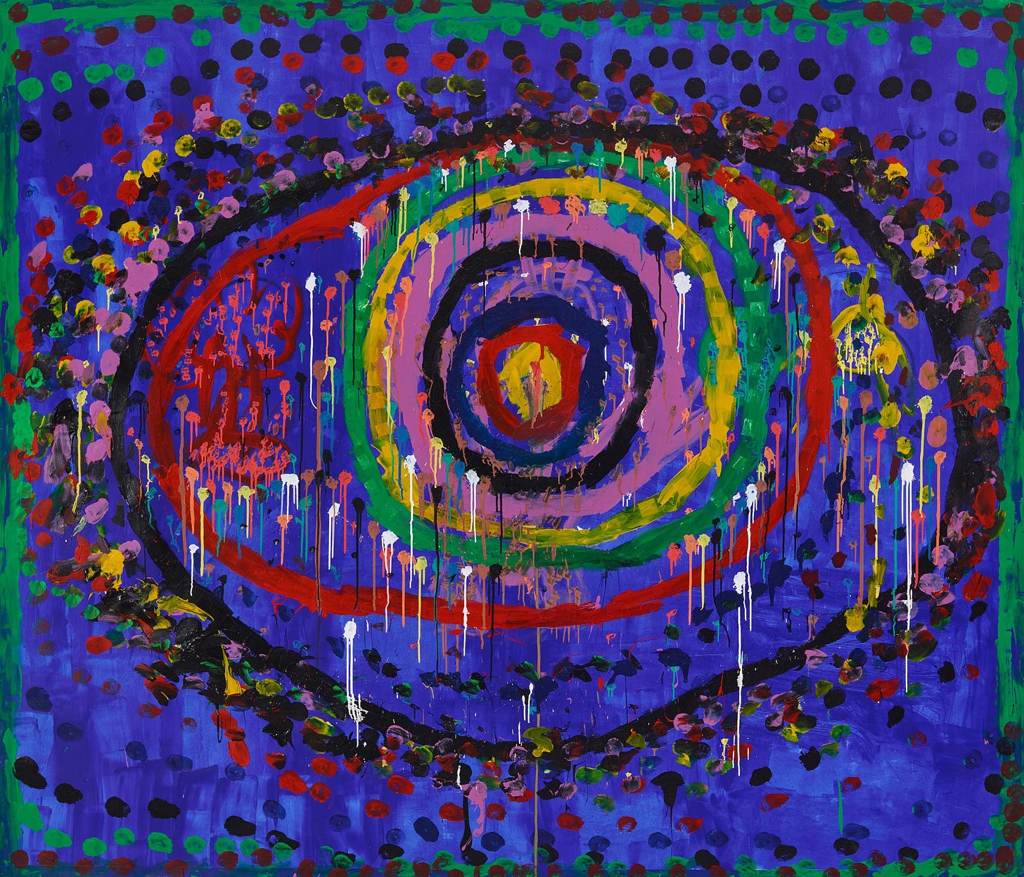 Large eye shape on a vibrant blue background. Concentric circles in a variety of colours leads to a yellow pupil. The whole space is covered in spots of paint, while the white dots dribble paint.