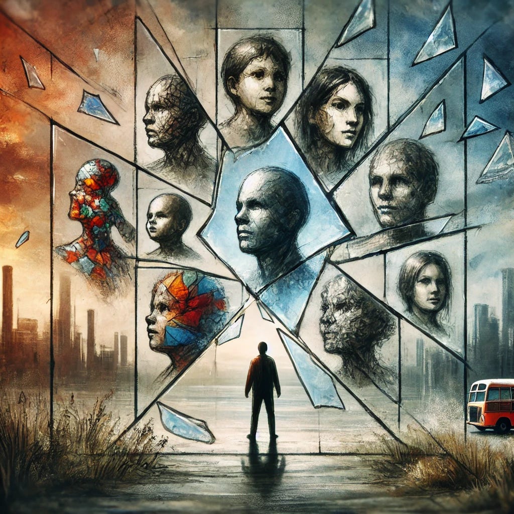 A surreal representation of identity. A person stands before a large, shattered glass pane, each fragment reflecting a different version of themselves—one as a child, one as an artist, one as a worker, one as a dreamer. Some pieces are clear, while others are foggy or distorted, symbolizing the parts of identity that are understood versus those still being discovered. The background is an abstract mix of shifting textures, blending urban and natural elements, representing the complex environments that shape who we are.