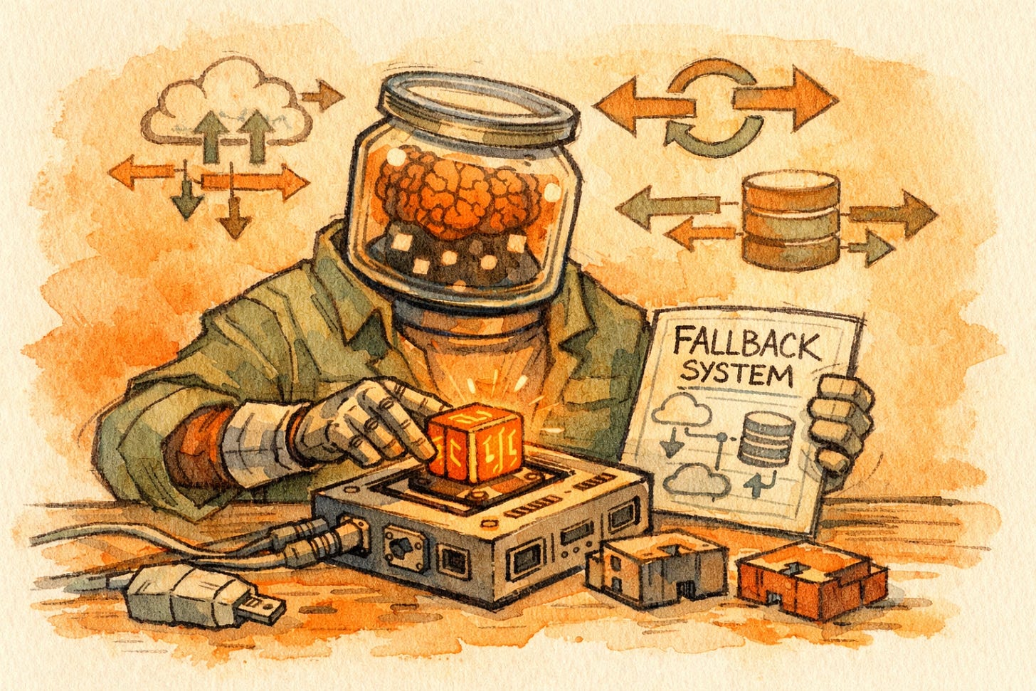 A mascot at a workbench, plugging a glowing AI core into a universal port with one hand while holding a fallback system blueprint in the other, symbolizing smart vendor management and data portability.