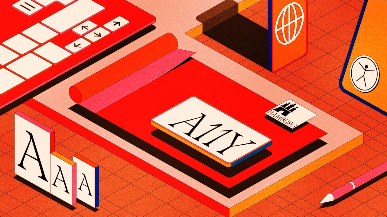 Graphic illustration of accessibility symbols, text size options, and a keyboard on a bright red grid background. 