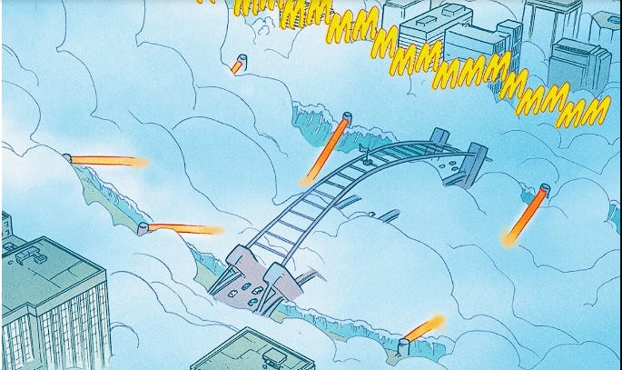 Six giant heat generators fire into a river, surrounding a bridge and downtown Central City with steam.