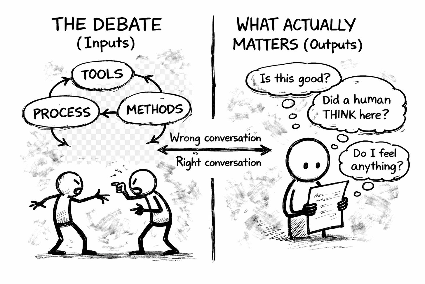 Hand-drawn whiteboard-style illustration split into two panels. The left panel, labeled “The Debate (Inputs),” shows stick figures arguing in a circular loop about tools, process, and methods, with arrows going nowhere. The right panel, labeled “What Actually Matters (Outputs),” shows a single reader stick figure calmly examining finished work and asking three questions in thought bubbles: “Is this good?”, “Did a human think here?”, and “Do I feel anything?”. An arrow between panels reads “Wrong conversation vs Right conversation.” Hand-drawn whiteboard-style illustration split into two panels. The left panel, labeled “The Debate (Inputs),” shows stick figures arguing in a circular loop about tools, process, and methods, with arrows going nowhere. The right panel, labeled “What Actually Matters (Outputs),” shows a single reader stick figure calmly examining finished work and asking three questions in thought bubbles: “Is this good?”, “Did a human think here?”, and “Do I feel anything?”. An arrow between panels reads “Wrong conversation vs Right conversation.”