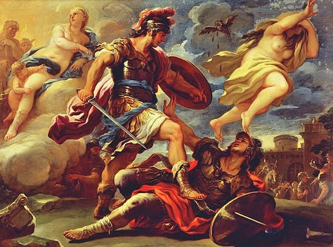 Paintings: 1. Aeneas Defeating Turnus by Luca Giordano 2. Cain smiting Abel by Sebastiano and Marco Ricci 3. Mercurius killing Julian by Unknown