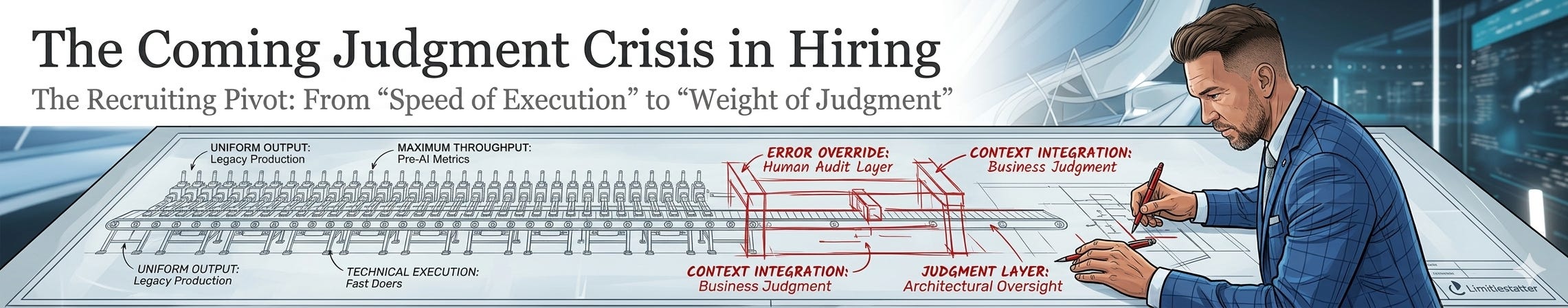 Wide banner image titled "The Coming Judgment Crisis in Hiring." A professional man in a blue suit, matching the Limitless Talent brand, leans over a futuristic light-table blueprint. On the left, a technical drawing of an assembly line represents "Legacy Production." On the right, the man uses a red pen to draw a "Judgment Layer" of architectural oversight, overriding the automated system. The background is a high-tech, futuristic office.