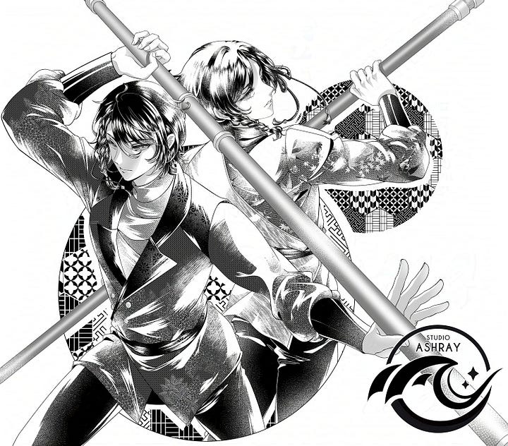 Ocean Trench style sample arts of our characters: the twins Yasushi and Noboru(left) and Nazuna(right).