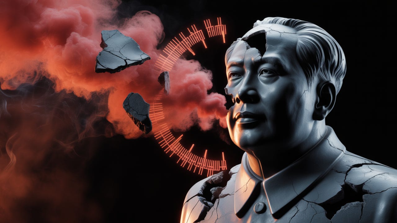A cracked stone bust of Mao Zedong disintegrates into fragments and red smoke, symbolizing ideological decay and brittle control in modern China. A cracked stone bust of Mao Zedong disintegrates into fragments and red smoke, symbolizing ideological decay and brittle control in modern China.