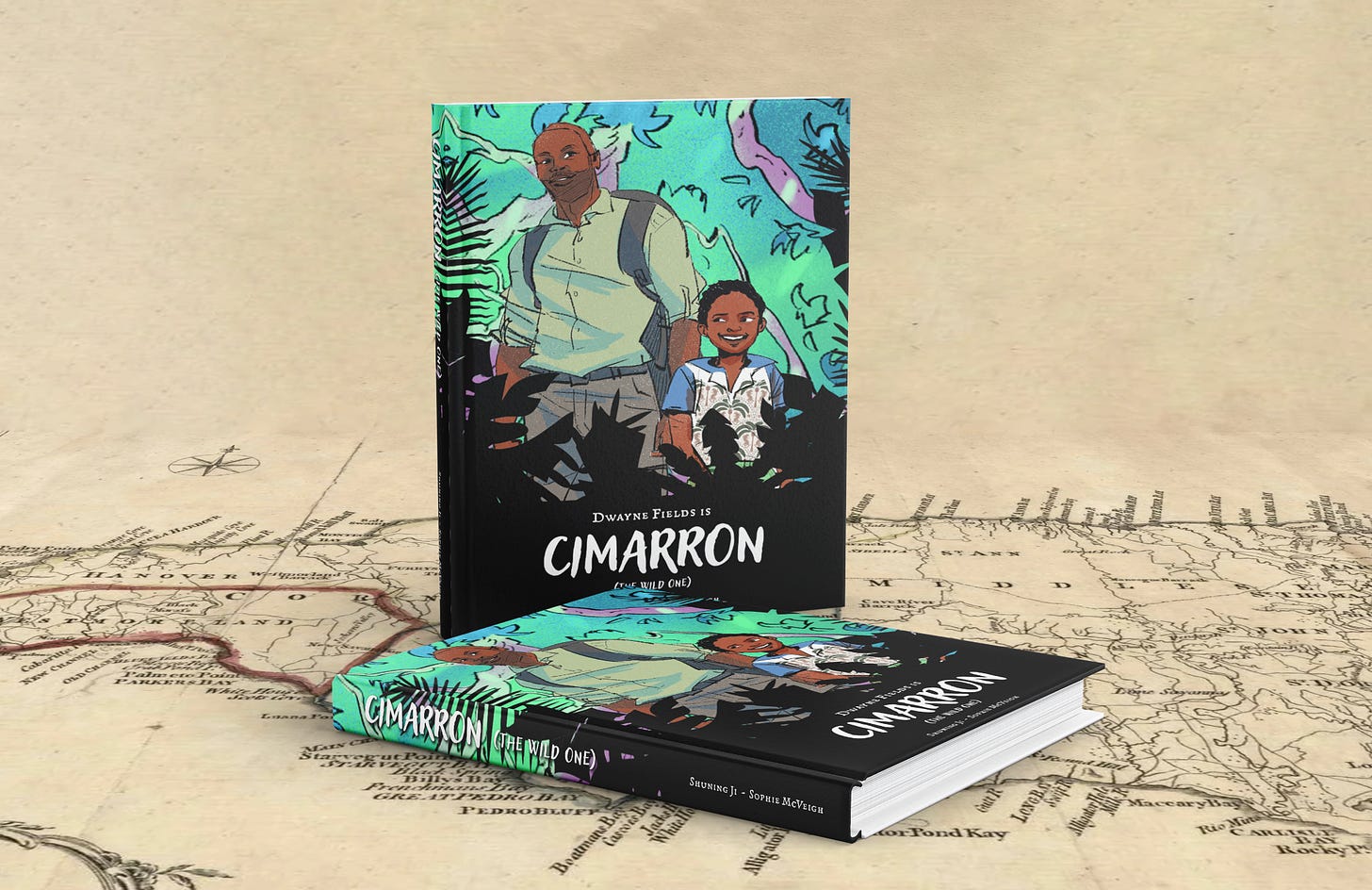 Render of Cimarron’s hardcover edition, showing front and spine on a map background, with an illustration of Dwayne and a child in vibrant colours.