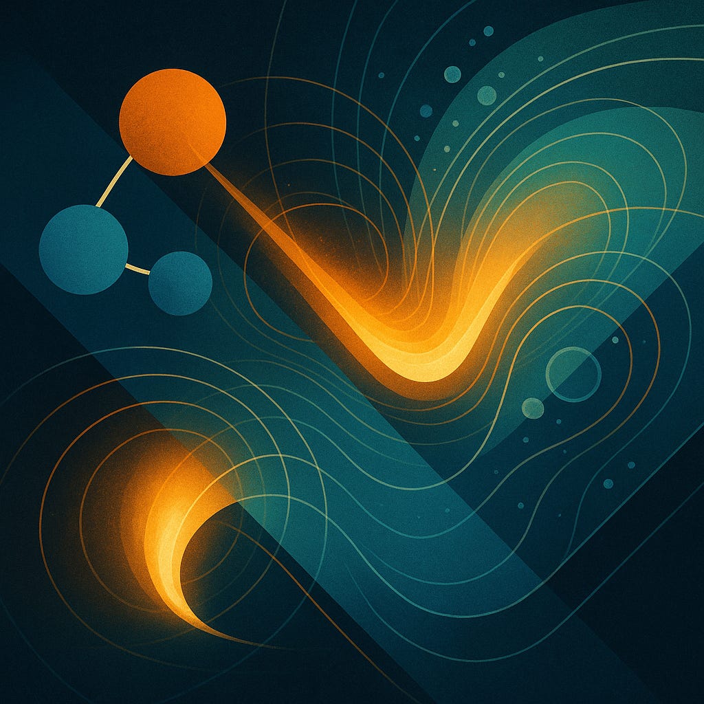 please generate an abstract image concept (no words), inspired by: "Let’s tackle the H₂O-water example again. Note the following crucial observation: We cannot produce water by individually adding atoms together one by one. You can’t just push an oxygen atom into two hydrogen atoms and then *poof* → water. Instead we rely on pre-existing forms (systems) with chemical bonding dynamics that are already active; in a lab, we use conditions in which the higher-order bonding principles already exist. When we “create water” we rely on fields, potentials, temperature, pressure, bonding laws—systems that already exceed the atoms themselves. You would have to, for example, put hydrogen and oxygen gases at a 2:1 ratio within a single, pressurized container, heat it up to break the H-H and O-O bonds, and generate steam, which could later condense down to liquid water. The point is that wetness does not “emerge” from stacking atoms like LEGO bricks. It arises when atoms participate in a higher-order bonding form. So when people say “wetness emerges from H₂O,” the crucial point is: it only does so when those atoms are already caught up in a system of fields, laws, and bonding structures that outrun any single atom. The so-called “emergent property” is really a top-down manifestation or inheritance of that higher-order form, not something being “pushed up” from the bottom parts. Consider the following children in a bounce house analogy. Imagine you have: Two shy kids (hydrogen atoms) One tall kid (oxygen atom) You cannot force them to hold hands individually. But if you put them on a bouncy castle (high energy field), they bump together and naturally link arms because the environment gives them rules for interacting. Thus: In the same way that the higher-order bounce house conditions lead to the children holding hands, the higher-order chemical field is what determines the behavior of the atoms, rather than the atoms themselves. Atoms do not create the laws that govern their unification. They participate in a structure of order that precedes them. This is true of any part. The parts participate in a structure of order (whole) that precedes them. You can conceptualize this as a substance of a whole whose attributes or essence get distilled in some way down to the parts. The light of the moon is really a received light from the sun. The components receive their function from the broader system that gave rise to them. Your intellect (part) is received from and participates in a greater source/field of intellect (whole). Yes, the parts still provide the mechanism for enabling the function of the whole, but it is the Form of the whole that unifies, organizes, and gives identity to the parts. You can see how the concept of participation connects to knowledge of God in Step 7 of the following post: So in many respects, we can assert that reality flows top-down—at least as far as meaning and intelligibility are concerned—as opposed to bottoms-up. The principle of intelligible forms that both sets the definitional essence of what something is as well as organizes the participating parts into a coherent, goal-based system must necessarily pre-exist any aggregation process of those parts becoming a whole. Some people will say, “That’s all I mean by ‘emergence’—higher-order patterns and structures.” Fair enough. My point is that, once you admit those real structures, you’re already smuggling in something like form and teleology. You haven’t explained them away; you’ve just renamed them. I still dislike the word emergence because the metaphor runs in the wrong direction; it suggests something bubbling up out of the parts, like a creature rising from the water, when in reality the parts are receiving their role and identity from the prior order of the whole."