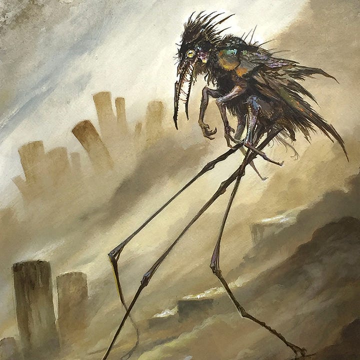 LEFT: Detail from TRIPOD WALKERS featuring a beaked horror tip toeing through hazy clouds of a dusty apocalypse on unnaturally long legs.  RIGHT: Close detail from TRIPOD WALKERS featuring a closer look at the body mass of the beaked horror. The pupil of its eye is a dash against green sheen as it seeks. Its mass is concentrated in its thorax with 4 short appendages folding beneath it. The rounded carapace on its shoulder glistens metallically. It may have had wings but they're tattered now.