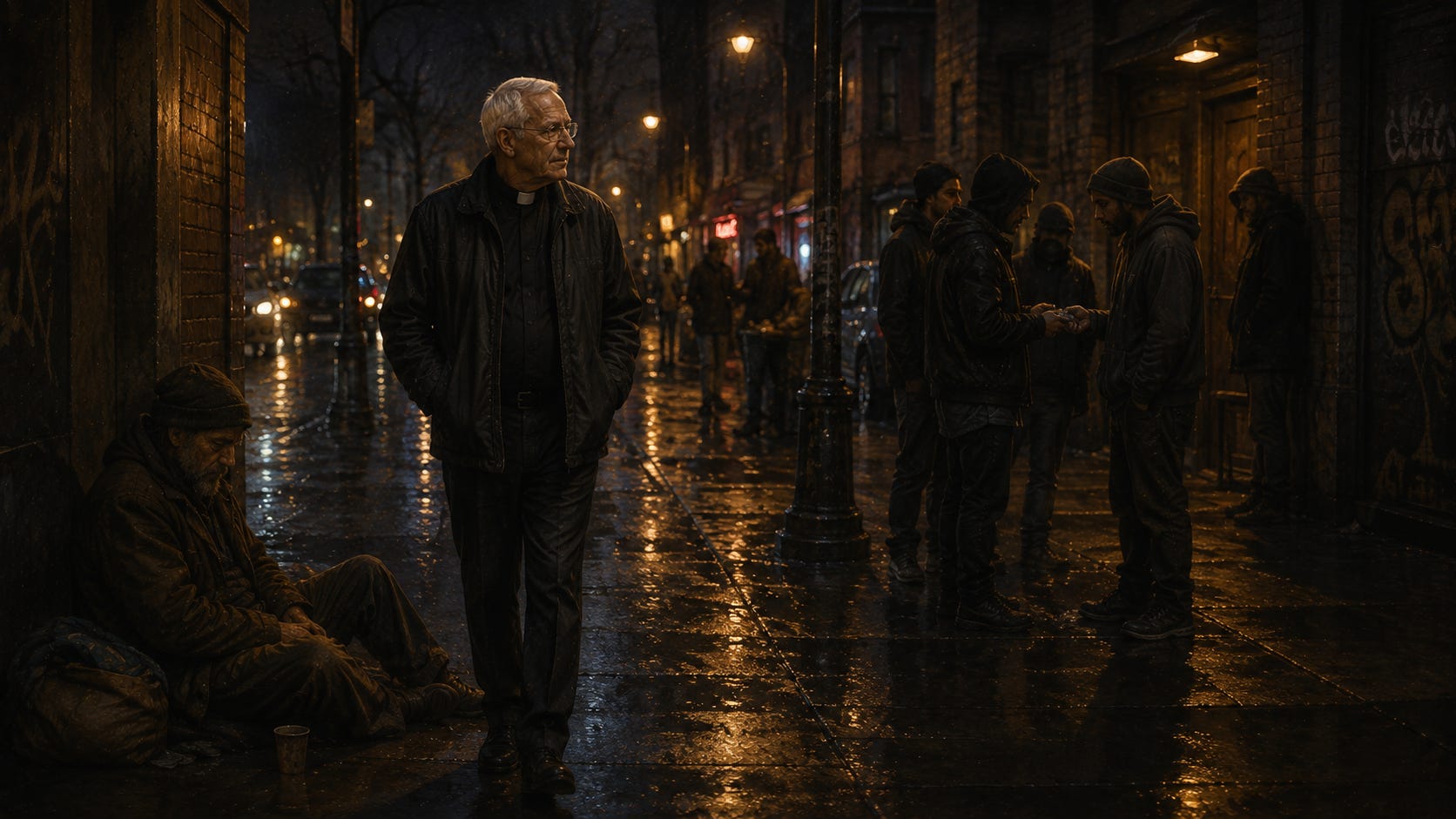 Deacon walks city sidewalk encountering homeless people and nighttime street life.