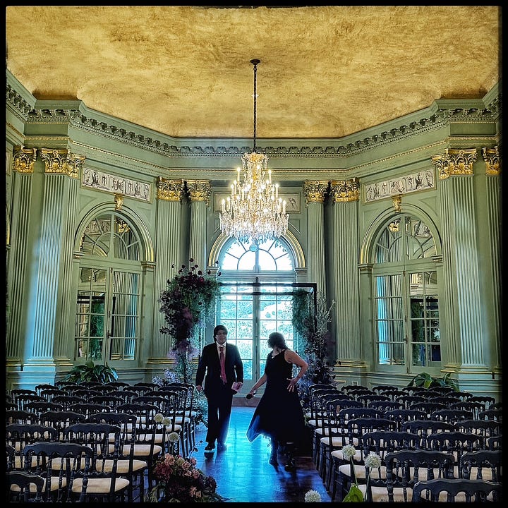 Left: Xi Jinping and Joe Biden summiting in the Filoli ballroom. Right: The same ballroom with two figures cloaked in shadow, just before the wedding ceremony. 