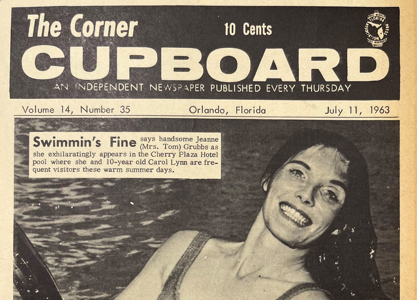 image of woman in swimming pool from The Corner Cupboard newspaper, 1963