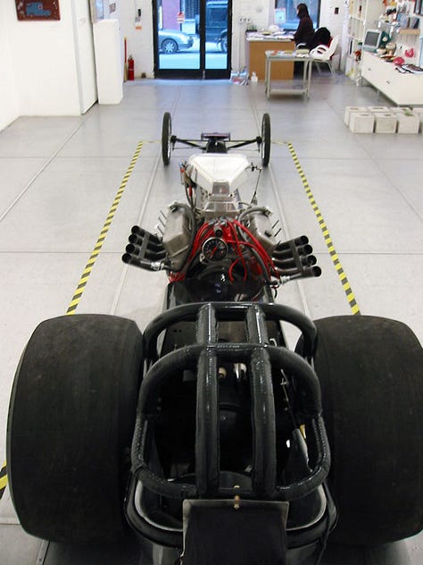 photos of a 1968 dragster exhibited at SPRING in Brooklyn 2005