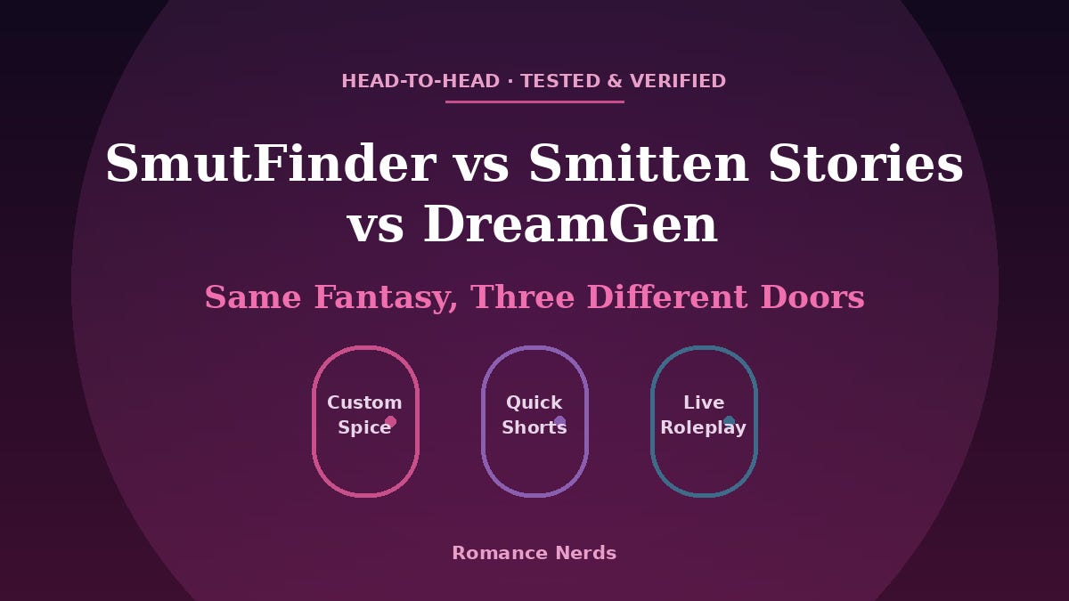 Featured image for "SmutFinder vs Smitten Stories vs DreamGen" showing three doors labeled custom spice, quick shorts, and live roleplay — Romance Nerds Featured image for "SmutFinder vs Smitten Stories vs DreamGen" showing three doors labeled custom spice, quick shorts, and live roleplay — Romance Nerds