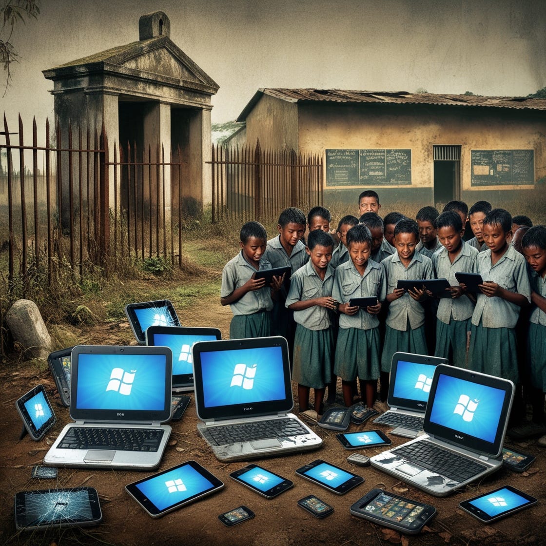 A worn, weathered cemetery in a rural subdeveloped country, surrounded by rusty metal fences and overgrown with weeds, is juxtaposed with a scattering of outdated computers, tablets, and smartphones, some with cracked screens, amidst a group of curious pupils in tattered uniforms, their dark skin glistening with sweat, their bright, inquisitive eyes fixed on the devices, their faces a mix of fascination and confusion, as if trying to grasp the mysteries of the digital world, the entire scene set against a muted, earthy background of browns, tans, and faded greens, with the distant hints of a worn, crumbling school building in the background, its walls adorned with faded chalk murals and torn educational posters, the overall atmosphere haunted by the contrast of old and new, tradition and innovation, in a poignant, thought-provoking tableau of contrast and curiosity. A worn, weathered cemetery in a rural subdeveloped country, surrounded by rusty metal fences and overgrown with weeds, is juxtaposed with a scattering of outdated computers, tablets, and smartphones, some with cracked screens, amidst a group of curious pupils in tattered uniforms, their dark skin glistening with sweat, their bright, inquisitive eyes fixed on the devices, their faces a mix of fascination and confusion, as if trying to grasp the mysteries of the digital world, the entire scene set against a muted, earthy background of browns, tans, and faded greens, with the distant hints of a worn, crumbling school building in the background, its walls adorned with faded chalk murals and torn educational posters, the overall atmosphere haunted by the contrast of old and new, tradition and innovation, in a poignant, thought-provoking tableau of contrast and curiosity.
