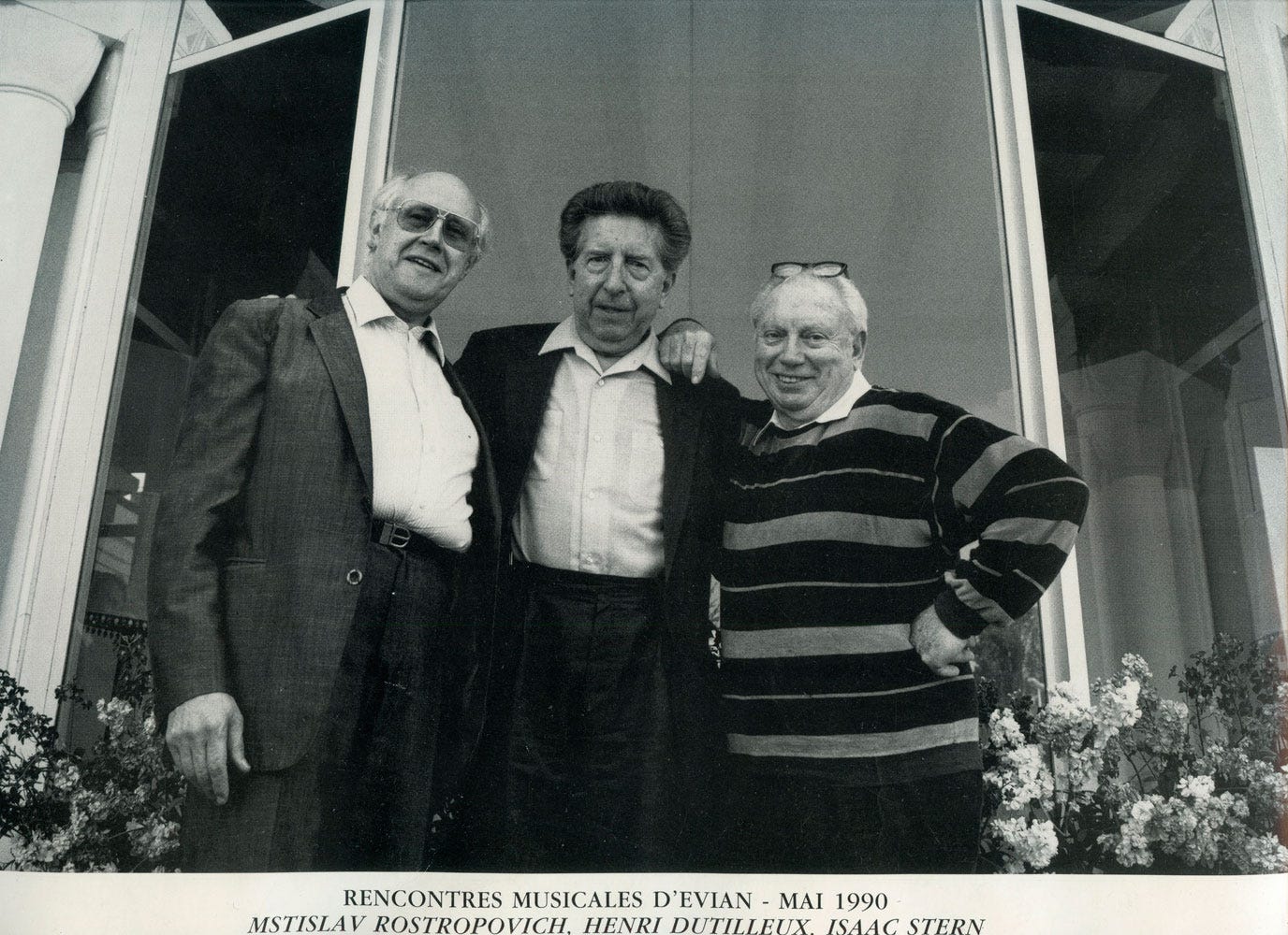 Mstislav Rostropovitch, Henri Dutilleux, Isaac Stern, festival de musique d’Evian, 1990; photographie