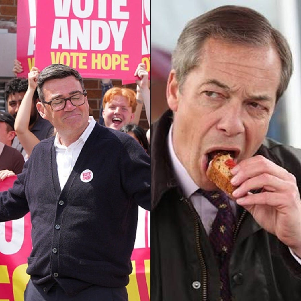 www.thealmightygob.com - Labour's Andy Burnham at a "Vote Hope" campaign event on the left, Reform's Nigel Farage on the right — the two men most likely to contest the next UK general election.