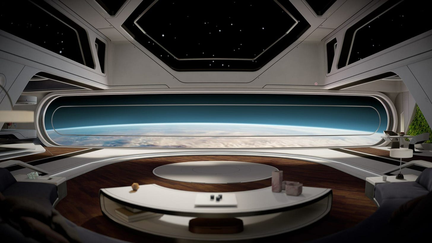 A panoramic view of a lounge on a clean minimalist space station A panoramic view of a lounge on a clean minimalist space station