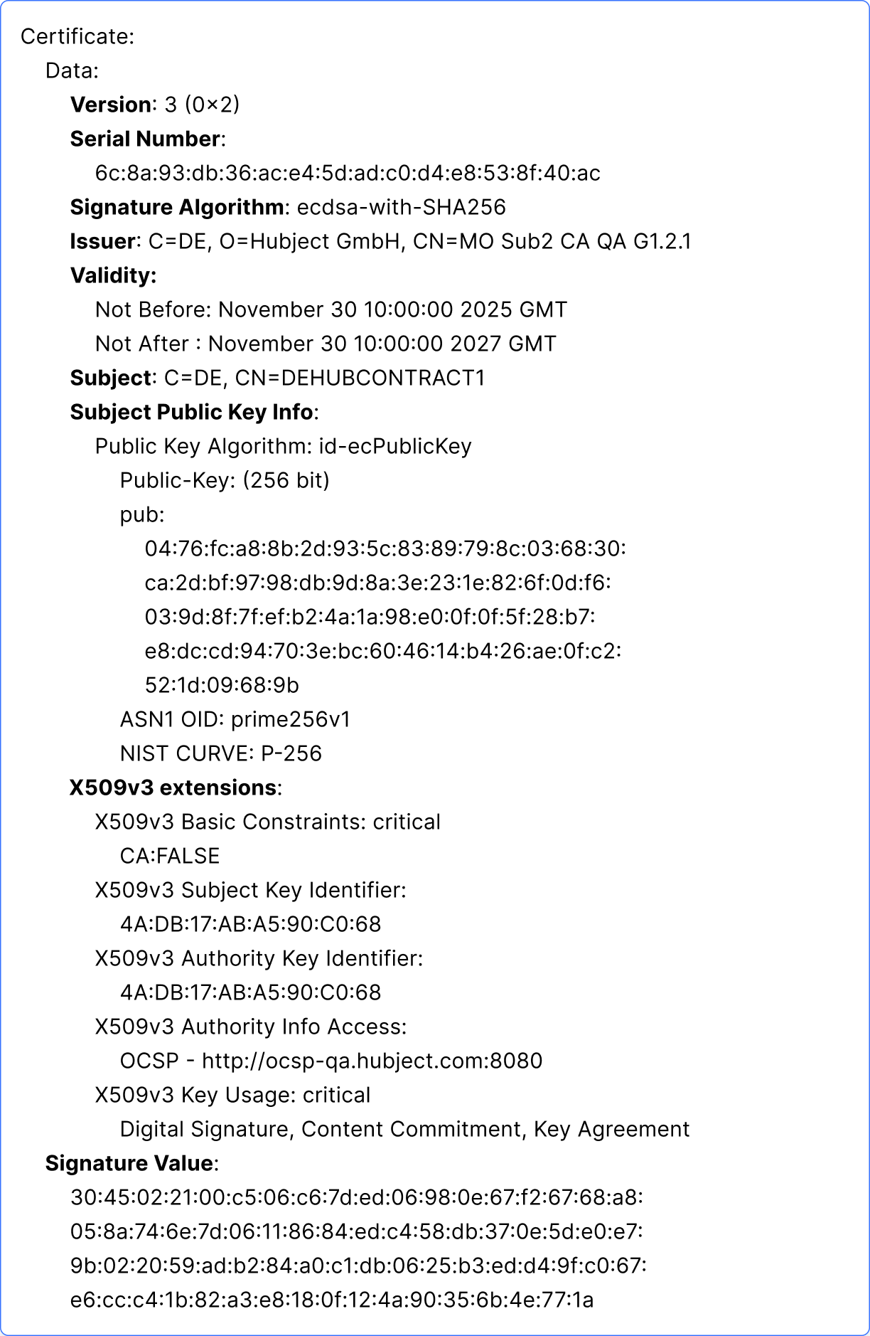Example of a Contract Certificate in ISO 15118-2 Example of a Contract Certificate in ISO 15118-2