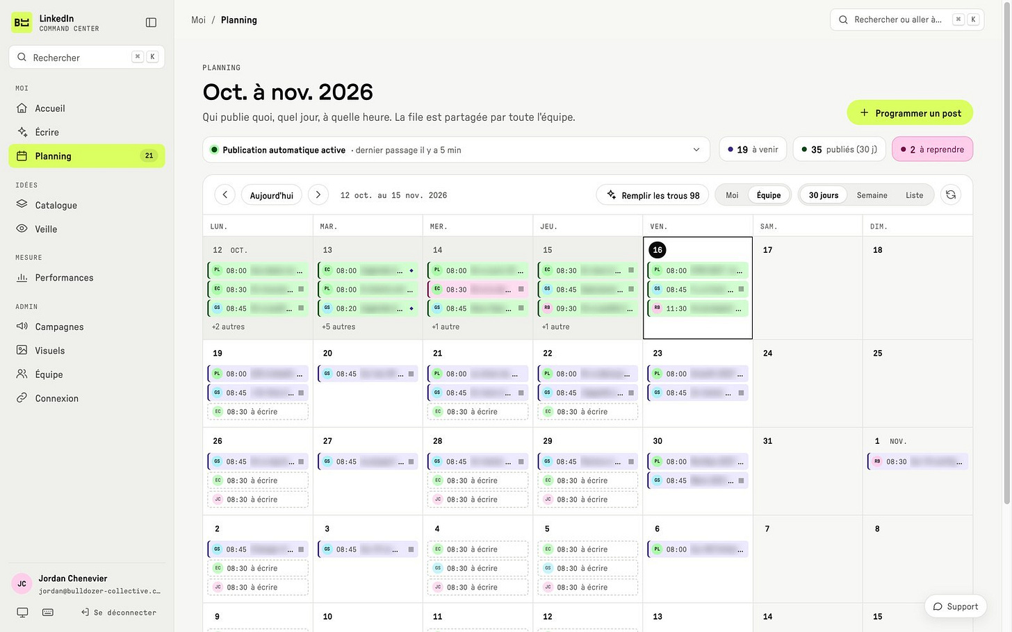 LinkedIn Command Center, the team calendar (post copy blurred) LinkedIn Command Center, the team calendar (post copy blurred)