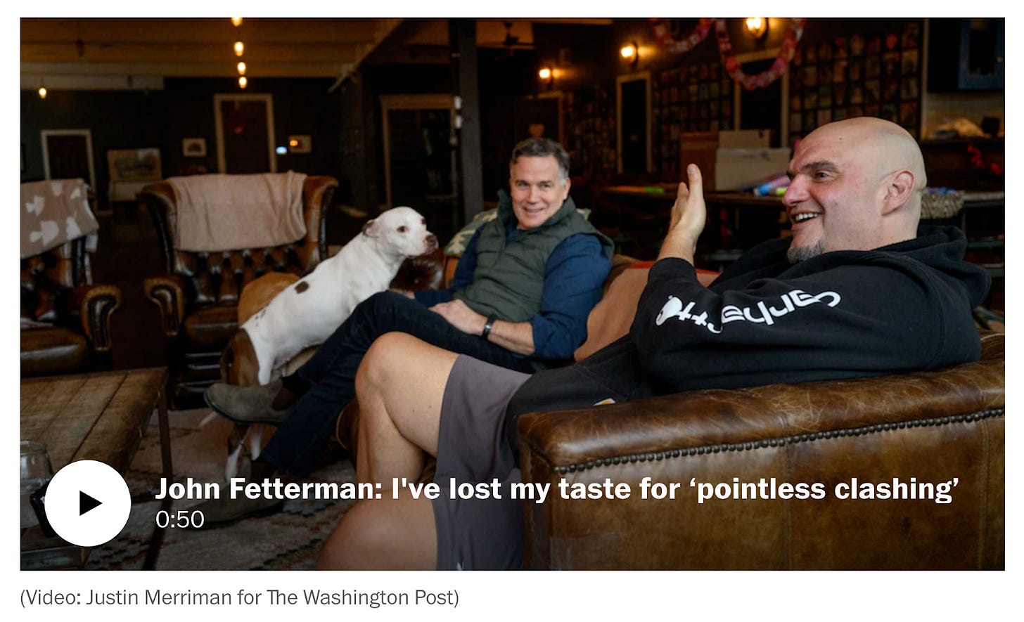 Pennsylvania Senators: Left, Republican Dave Mccormick at the home of John Fetterman, right. From Washington Post article, February 2025 Pennsylvania Senators: Left, Republican Dave Mccormick at the home of John Fetterman, right. From Washington Post article, February 2025