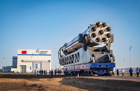 The Zhuque-3 first-stage booster test article ahead of the static fire test.