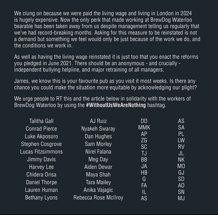 BrewDog Waterloo workers signed an open letter describing their treatment