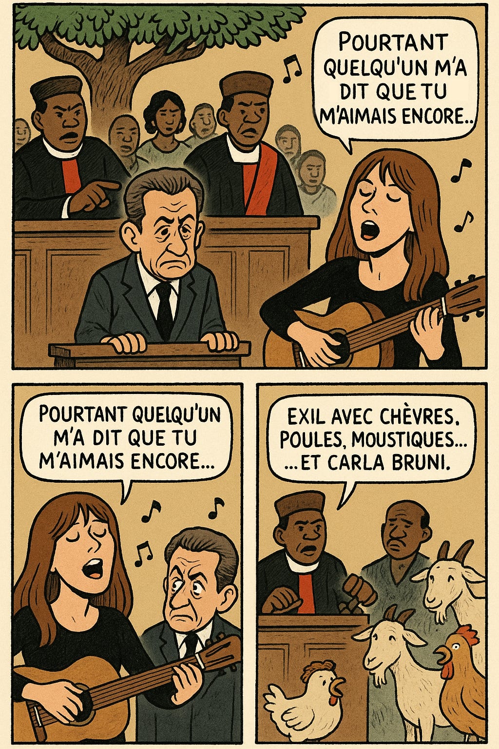 A three-panel satirical comic strip: African judges try Nicolas Sarkozy. Beside him, Carla Bruni strums a guitar singing her hit line “Someone told me that you still loved me.” In the final panel, the verdict reads: “Exile with goats, chickens, mosquitoes… and Carla Bruni.” A three-panel satirical comic strip: African judges try Nicolas Sarkozy. Beside him, Carla Bruni strums a guitar singing her hit line “Someone told me that you still loved me.” In the final panel, the verdict reads: “Exile with goats, chickens, mosquitoes… and Carla Bruni.”