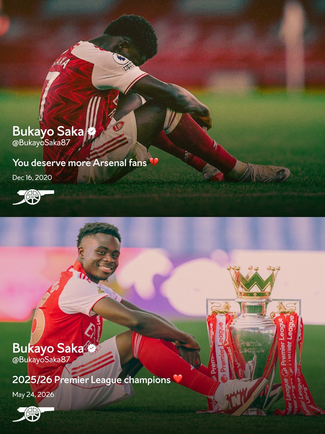 Bukayo Saka post from December 2020: You deserve more Arsenal fans 💔
Bukayo Saka post today: 2025/26 Premier League champions ❤️ Bukayo Saka post from December 2020: You deserve more Arsenal fans 💔
Bukayo Saka post today: 2025/26 Premier League champions ❤️